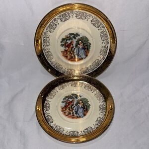 Sabin Crest O Gold George Martha Teacup Saucer 22k Gold Courting Couple